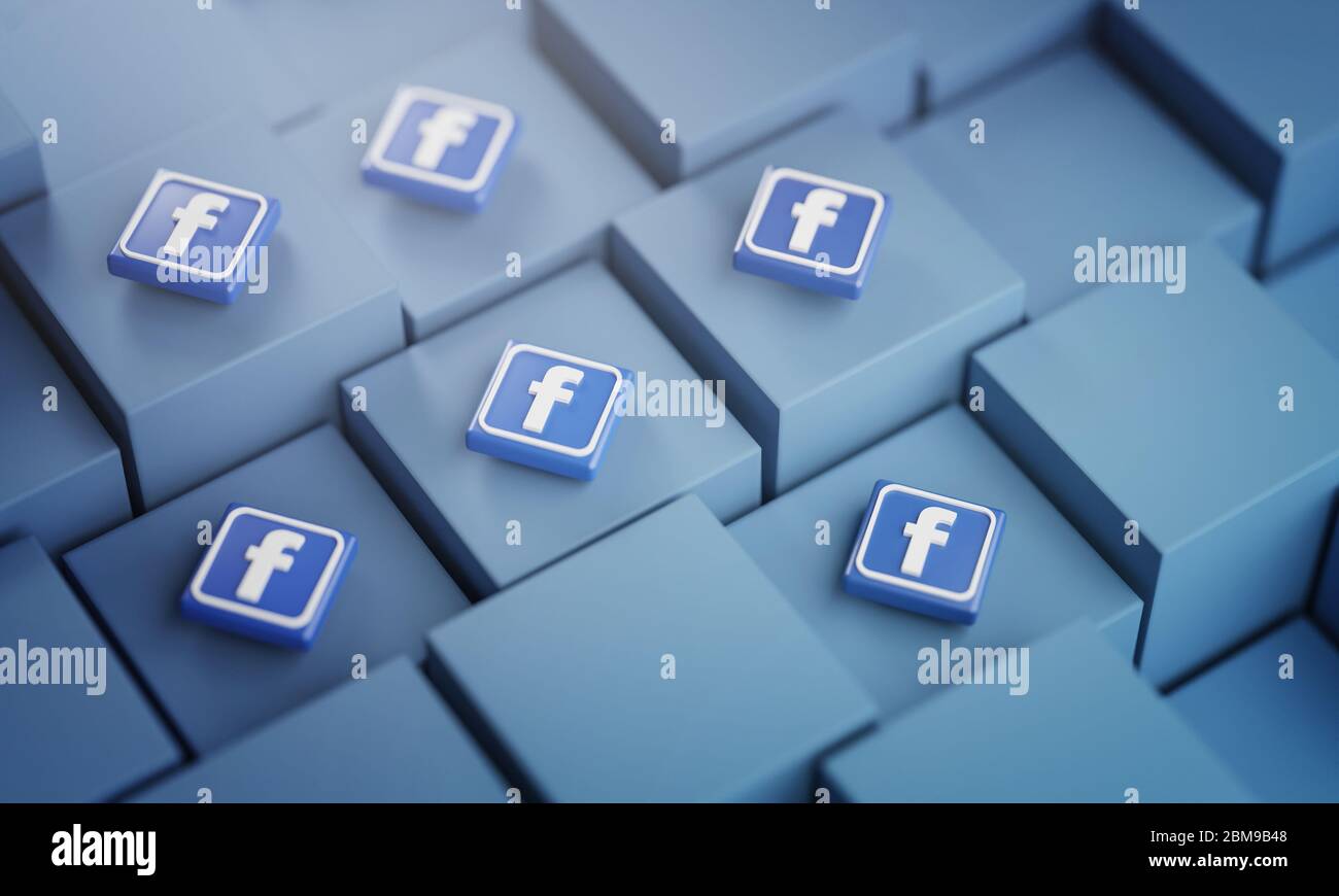 Facebook-Logo auf Cubes. Social Media Hintergrund 3D Rendering Stockfoto