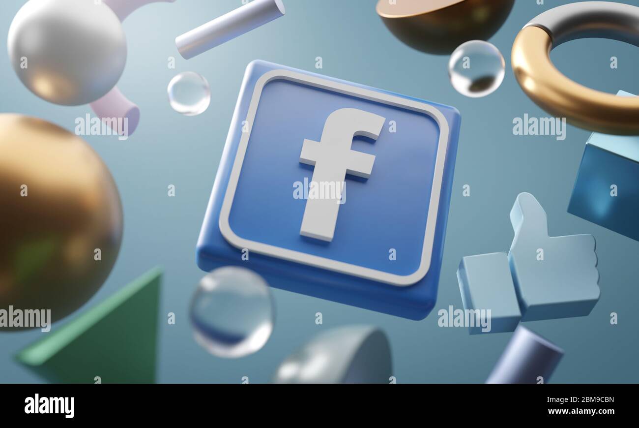Facebook Logo rund um 3D Rendering abstrakte Form Hintergrund Stockfoto