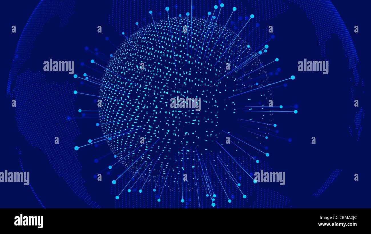 Gepunktete Linie Link, glühende Erde Morgendämmerung Big Data Hintergrund. Stockfoto