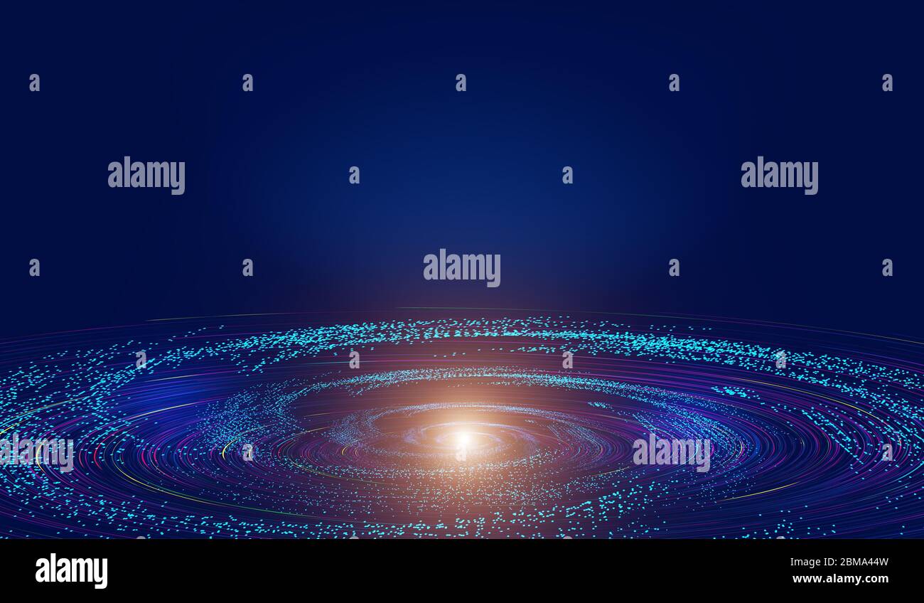 Leuchtende digitale Erde, kosmischer Wirbel des Partikelflusses, Big-Data-Hintergrund der Netzwerktechnologie. Stockfoto