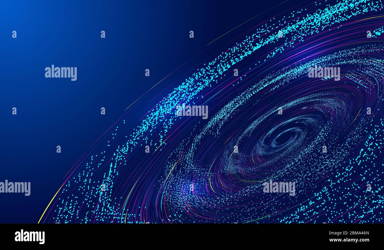 Leuchtende digitale Erde, kosmischer Wirbel des Partikelflusses, Big-Data-Hintergrund der Netzwerktechnologie. Stockfoto