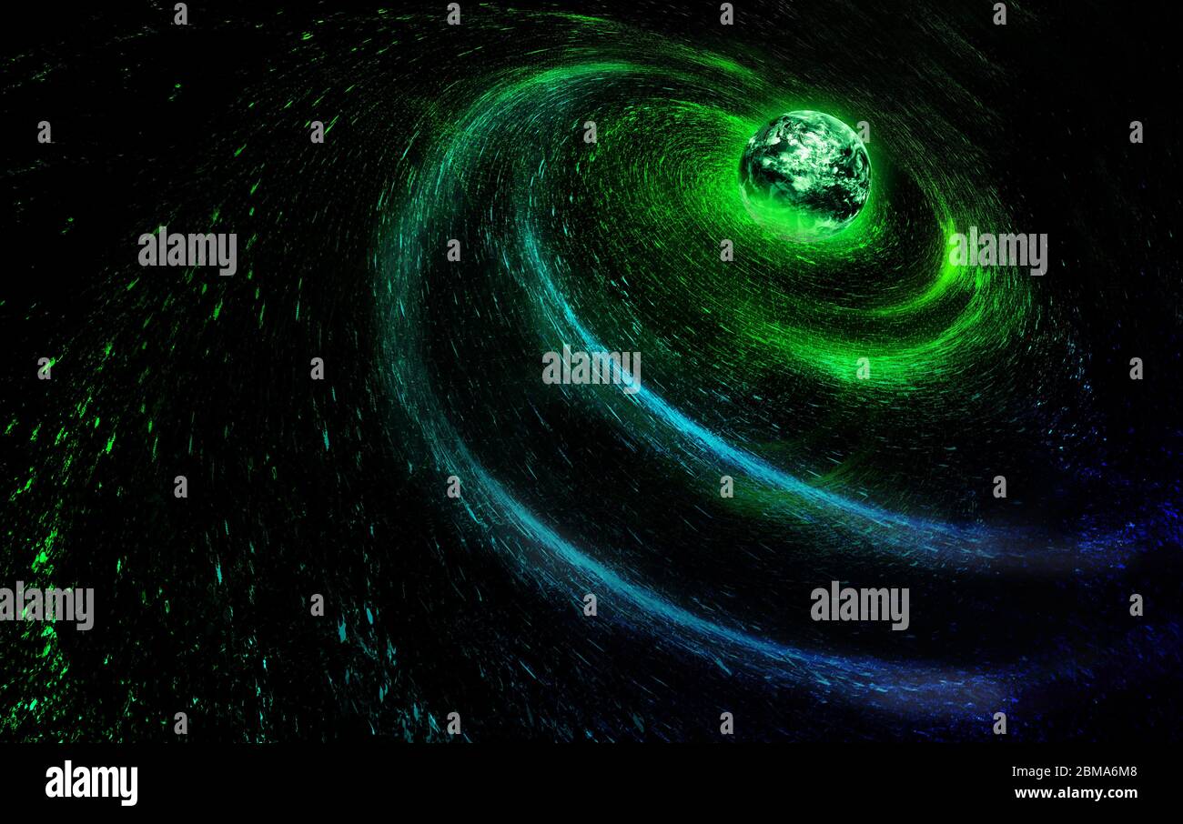 Kosmischer Sternenwirbel Erde, Wissenschaft und Technologie Internet Hintergrund. Stockfoto