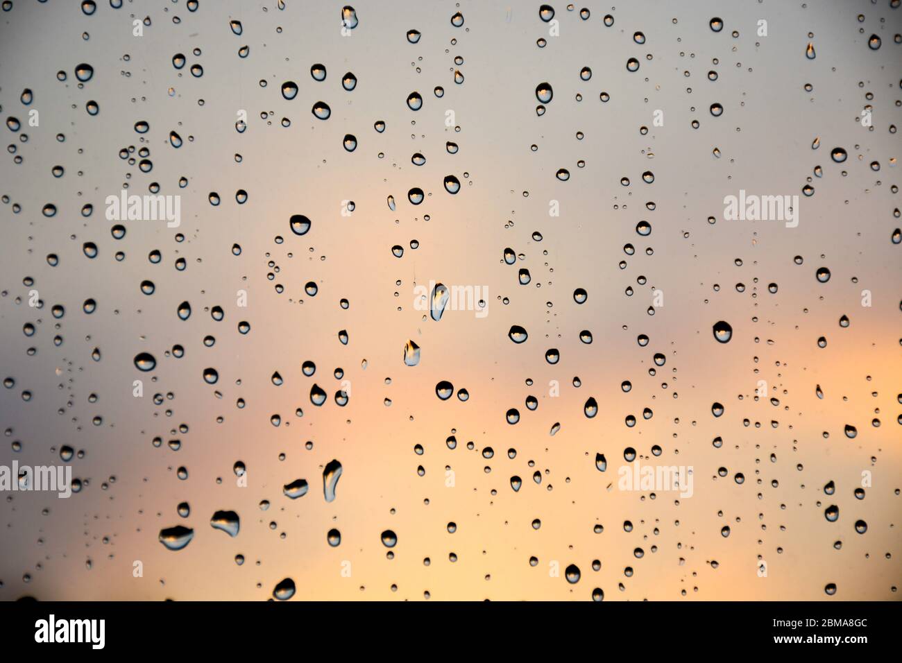 Tropfen Regen auf ein Fensterglas. Schöner, lebendiger Himmel im Hintergrund. Stockfoto