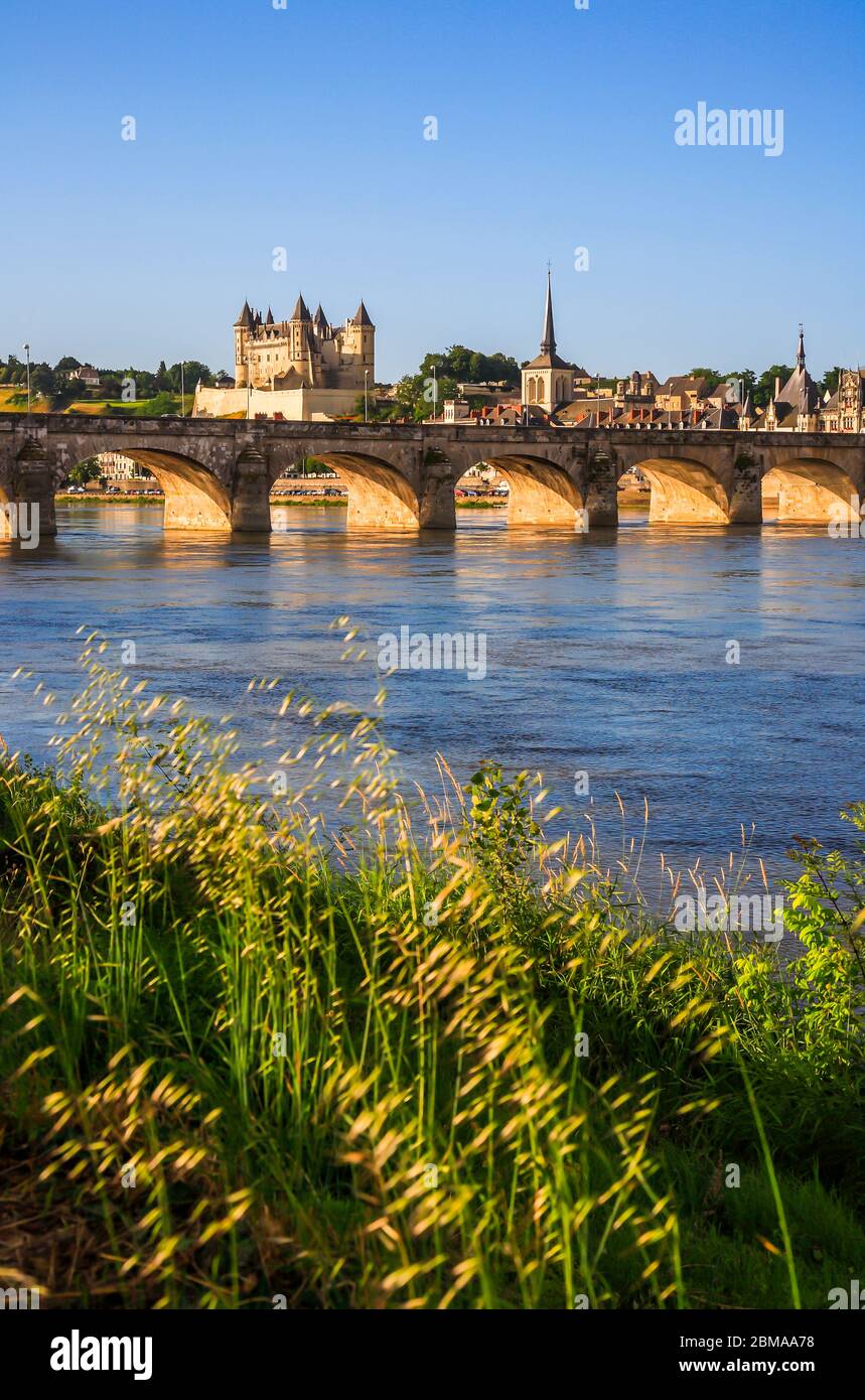 Blick auf Schloss, Brücke und Loire, Saumur, Main-et-Loire, Frankreich, Europa Stockfoto