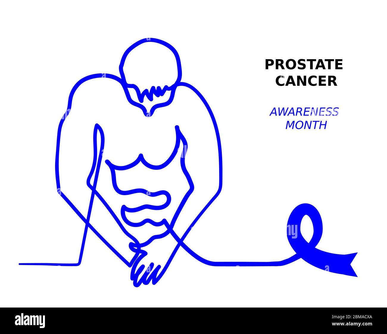 Blaues Band, Prostatakrebs Bewusstsein Monat. Mann Gesundheit Banner.Mann schaut auf seine Hose. Einfache eine Zeile Illustration gegen Krebs Stock Vektor