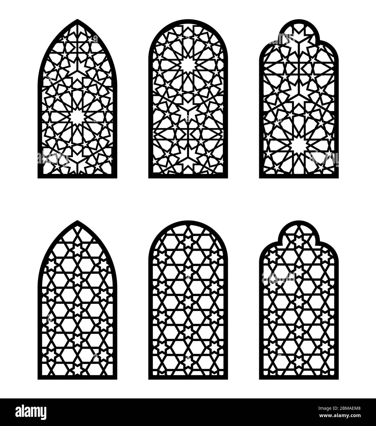 Arabisches Bogenfenster oder Türset. CNC-Muster, Laserschneiden, jali Design. Vektor-Schablone Set für Wanddeko, Aufhängen, Schablone, Gravur Stock Vektor