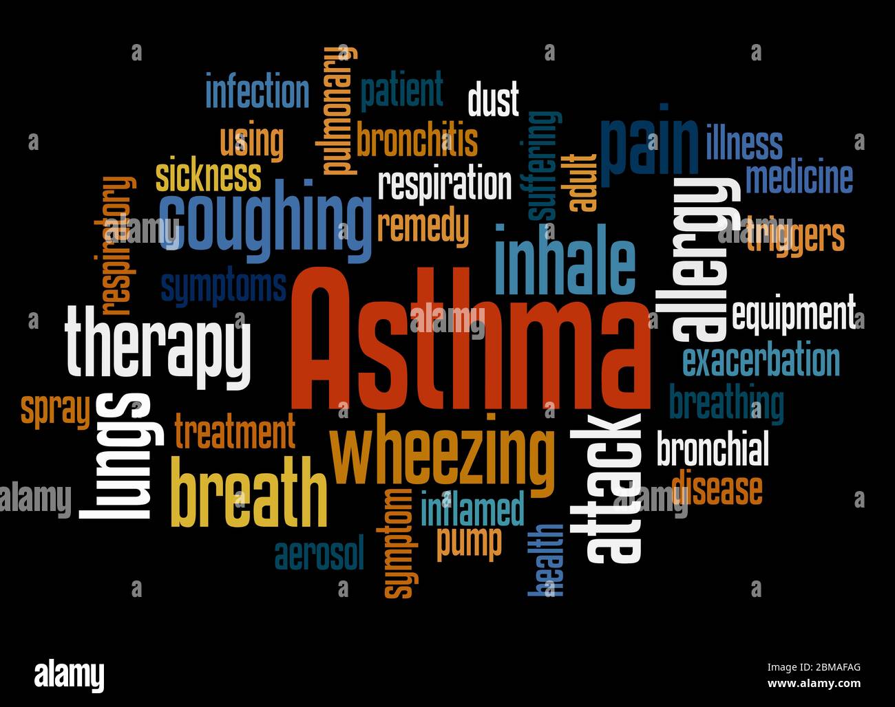 Asthma Wort Wolke Konzept auf schwarzem Hintergrund. Stockfoto