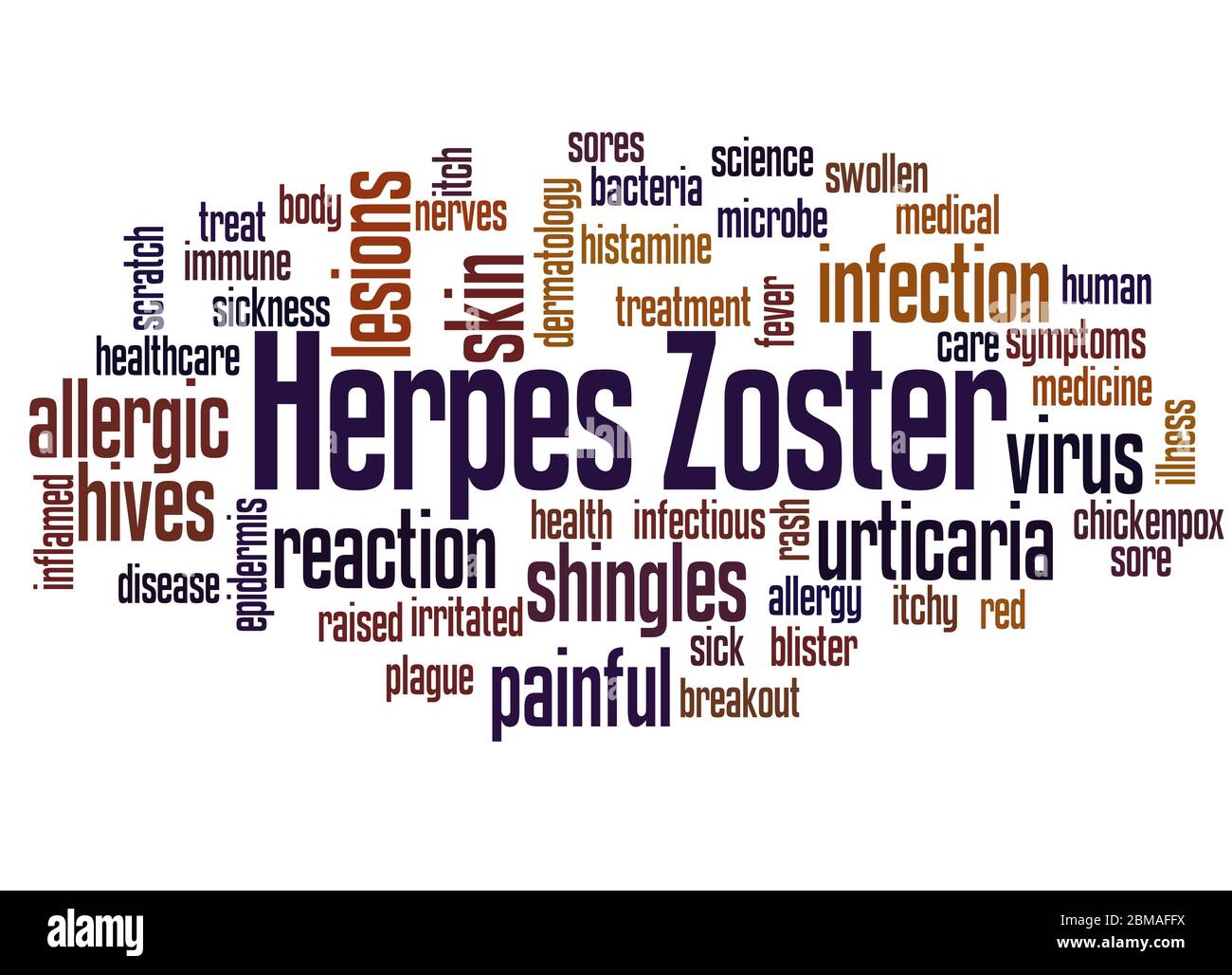 Herpes Zoster Wort Wolke Konzept auf weißem Hintergrund. Stockfoto