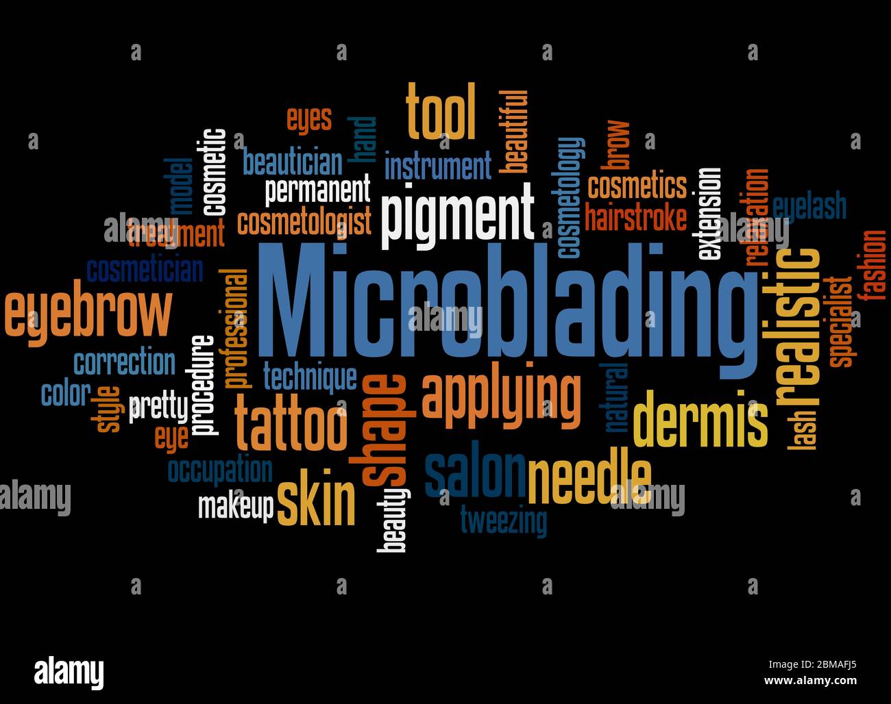 Microblading Wort Wolke Konzept auf schwarzem Hintergrund. Stockfoto