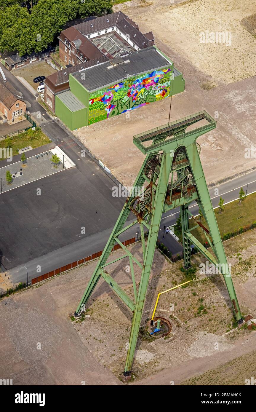 , Kopfgetriebe der ehemaligen Kohlemine Lohberg in Dinslaken, 06.07.2017, Luftaufnahme, Deutschland, Nordrhein-Westfalen, Ruhrgebiet, Dinslaken Stockfoto