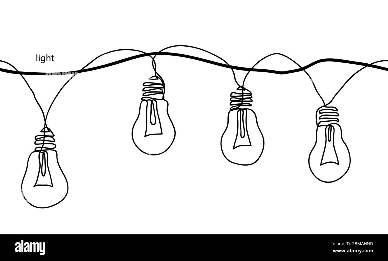 Lampen, Glühbirnen, Festoon, Girlande, glühende Lichtvektor nahtlose Grenze. Eine kontinuierliche Linie Zeichnung Lampe, Glühbirne Girlande für Feier, Festival Stock Vektor