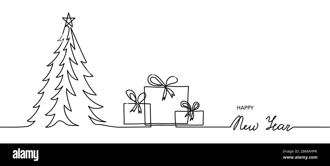 Minimal Happy New Year Web-Banner, Hintergrund. Eine, kontinuierliche Linie Zeichnung Neujahr einfaches Banner mit weihnachtsbaum und Geschenke, Geschenke, Boxen Stock Vektor