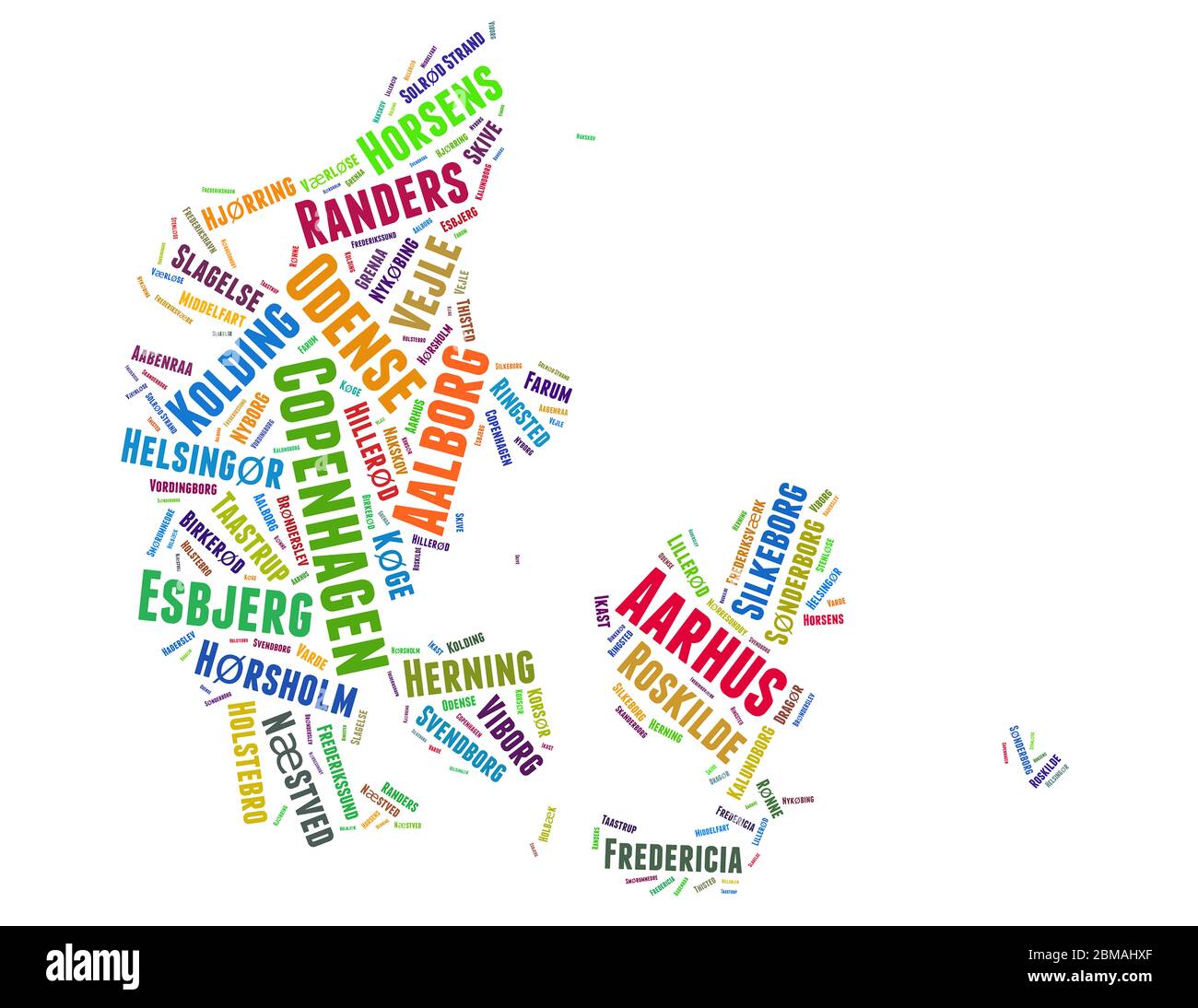 Dänemark Liste der Städte Wort Wolke Konzept auf weißem Hintergrund. Stockfoto
