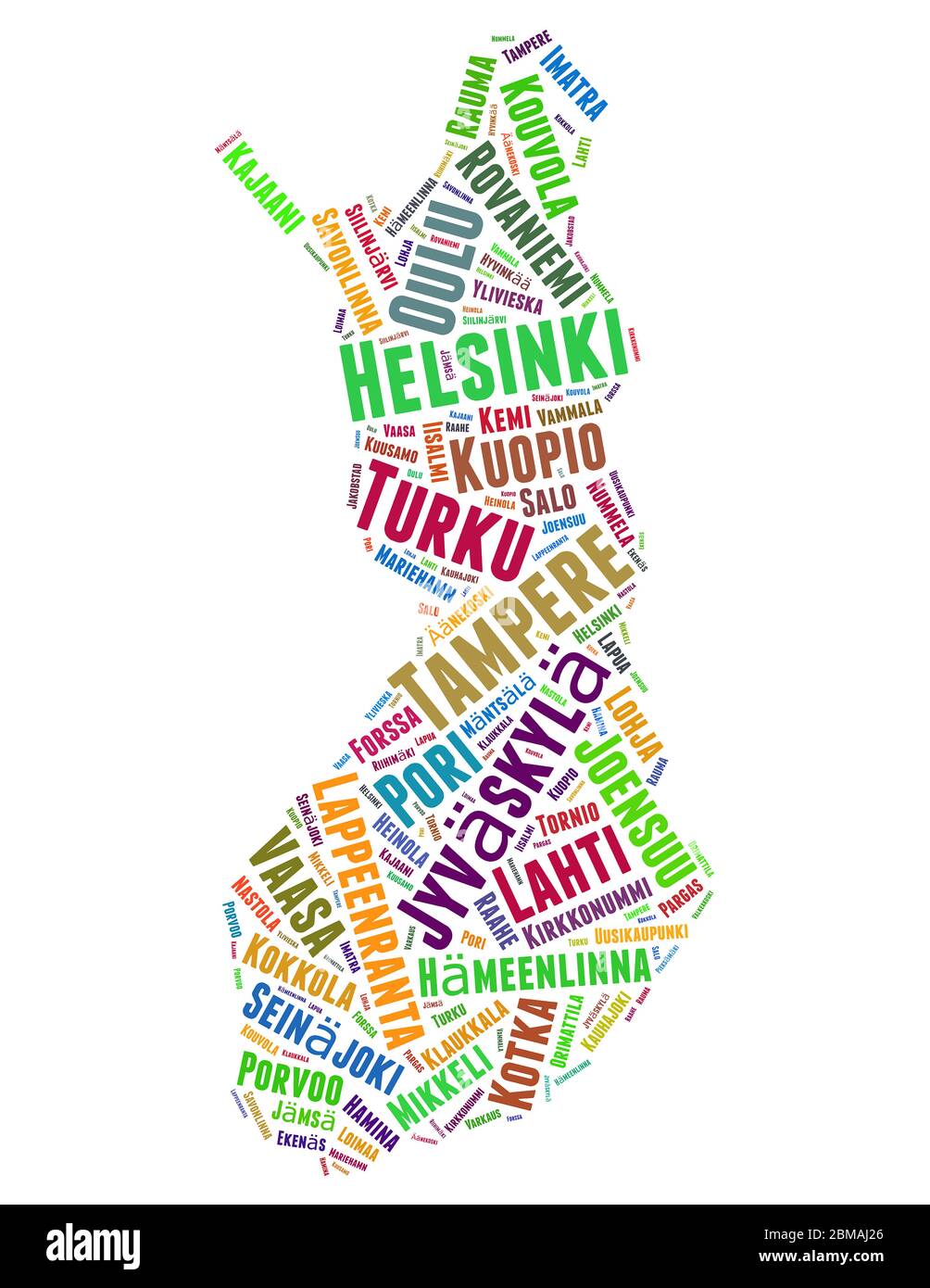 Finnland Liste der Städte Wort Wolke Konzept auf weißem Hintergrund. Stockfoto