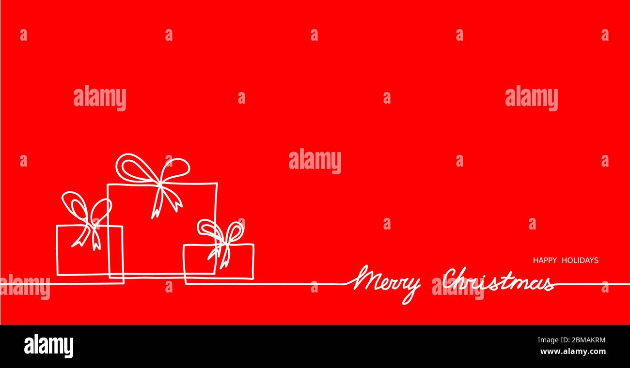 Presents, gifts, boxes simple outline and Merry Christmas text on red background. One continuous line vector drawing, background, banner, illustration Stock Vektor