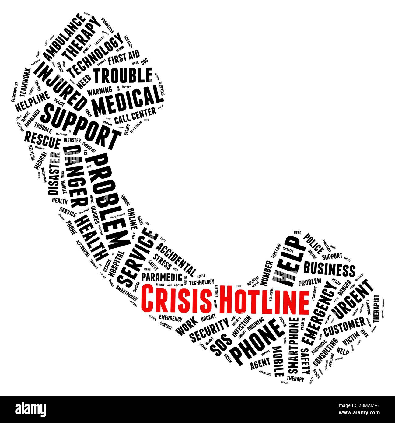Krisenhotline Telefon Form Wort Cloud Konzept auf weißem Hintergrund. Stockfoto