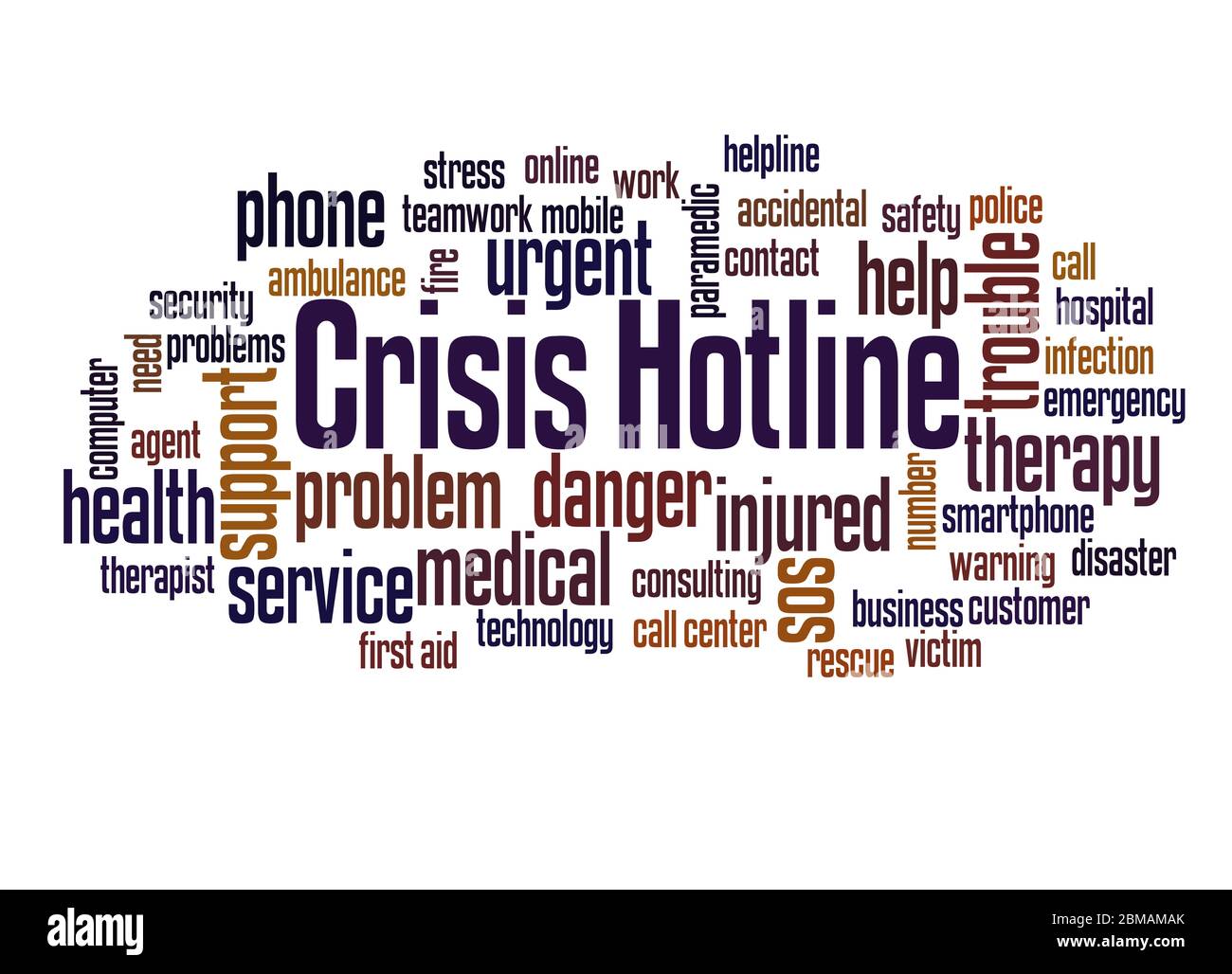 Krisenhotline Wort Cloud Konzept auf weißem Hintergrund. Stockfoto