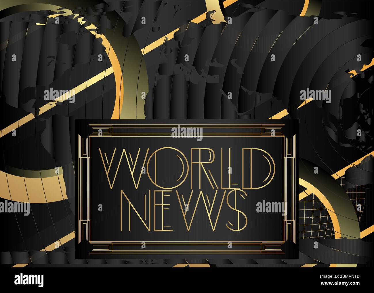 Art Deco World News Text. Dekorative Grußkarte, Schild mit Vintage-Buchstaben. Stock Vektor