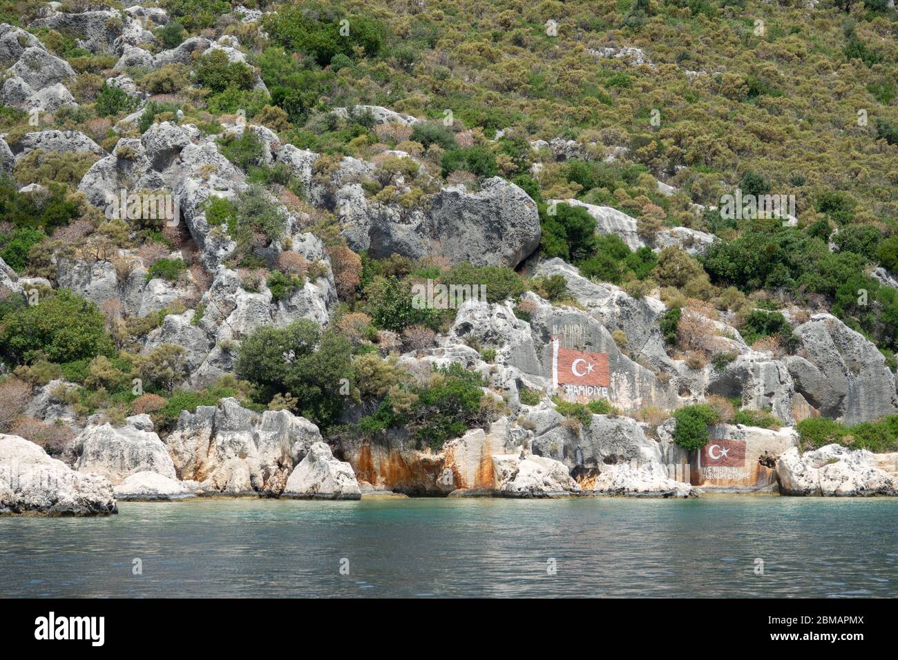 Kalekoy, Türkei - 03. Juni 2019: Historischer Ort, an dem das Schlachtschiff Hamidiye unter dem Kommando von Kapitän rauf Orbay zwei Tage lang anlegte 2. Februar Stockfoto