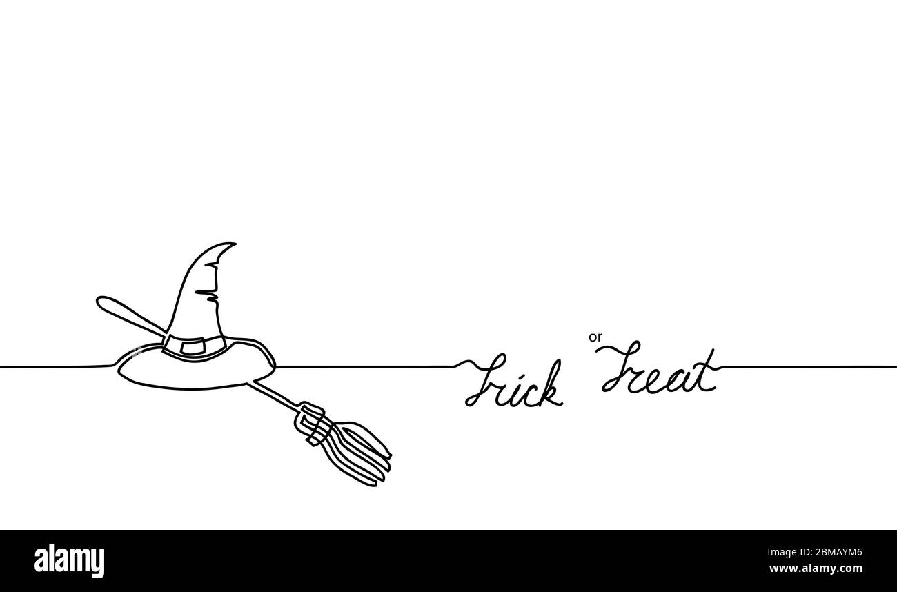 Tick or Treat, Besen, Hexe s Hut, Happy Halloween Vektor-Banner. Eine durchgehende Linie Zeichnung Hintergrund, Banner, Illustration. Schwarz-weißes Häkchen Stock Vektor