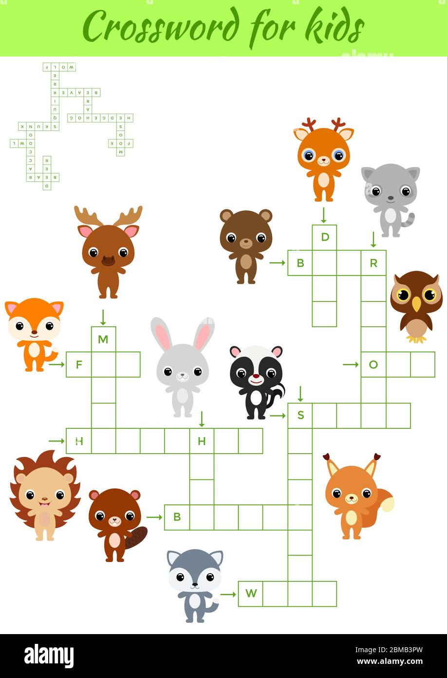 Kreuzworträtsel Spiel der Tiere für Kinder mit Bildern. Kinder Aktivität Arbeitsblatt bunt druckbare Version. Lernspiel für das Studium der englischen Wörter. Stock Vektor