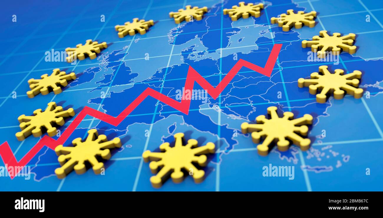 Coronavirus, Corona, Europa, EU, Neuinfektionen, Anstieg, Steigerung, Diagramm, Gripe, Virus, Gripetote, Coronatote, Coronainfizierte, Daten, Zahlen Stockfoto