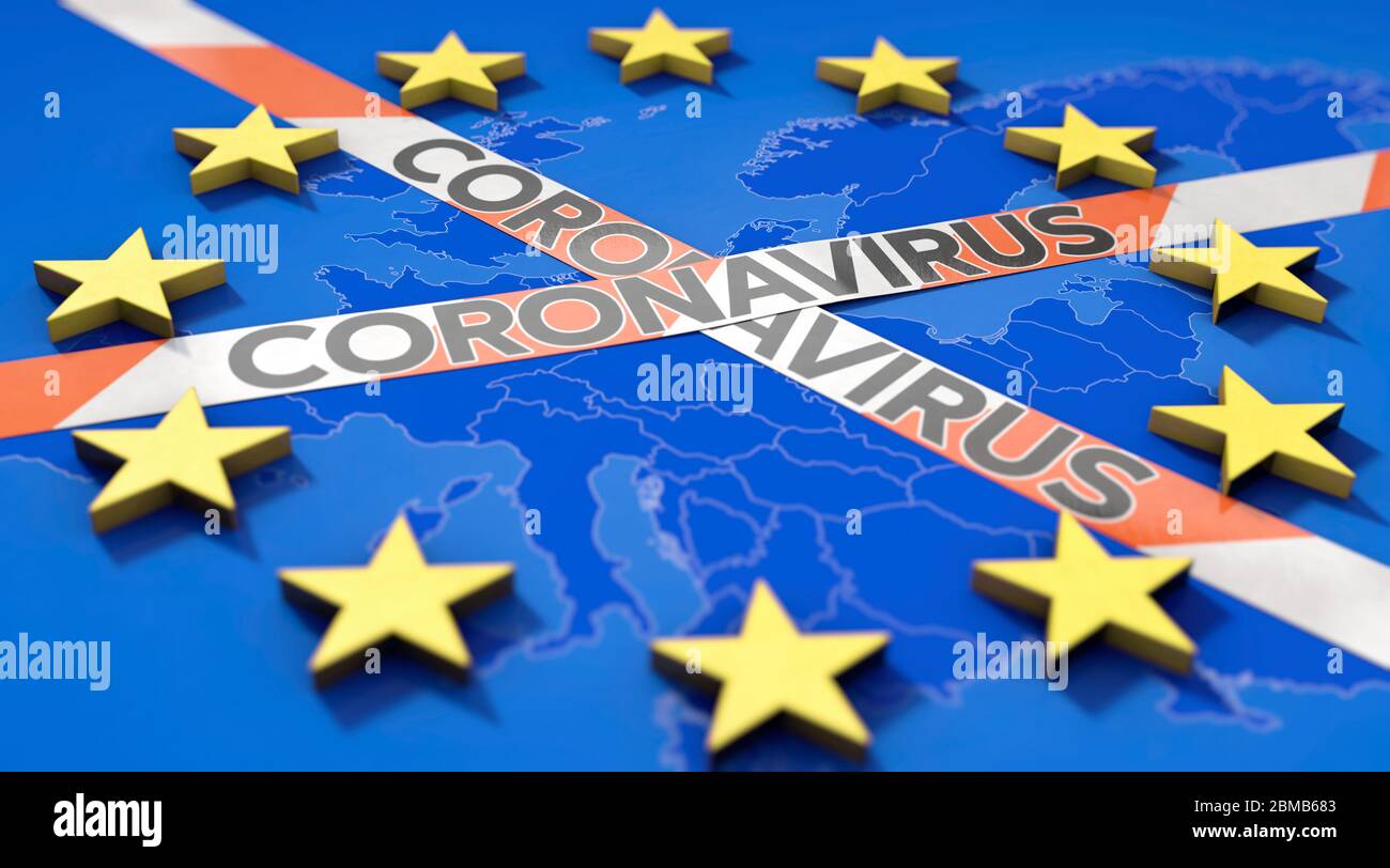 Coronavirus, Corona, Europa, EU, Ausgangsperre, Kontaktsperre, Quarantäne, Pandemie, Epidemiie, Covid 19, Virus, Coronapandemie, Schild, Ausbreitung, Stockfoto