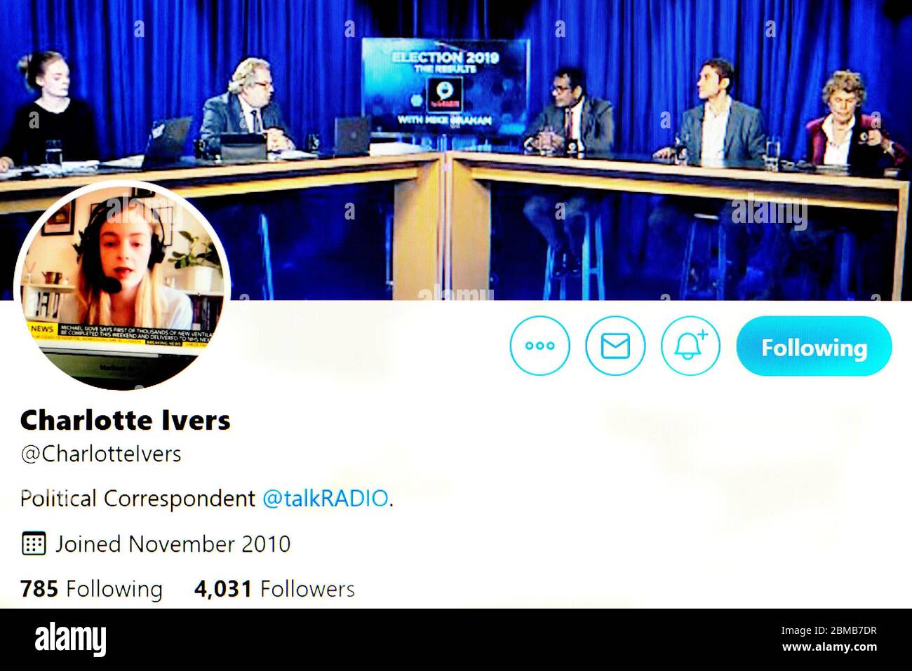 Twitter-Seite (Mai 2020) Charlotte Ivers - Talk Radio politische Korrespondentin Stockfoto