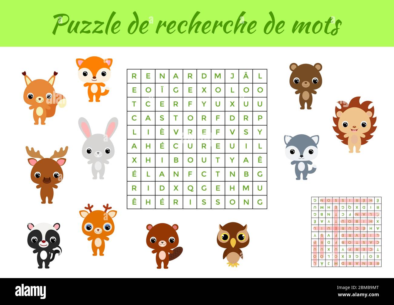 Puzzle de Recherche de mots - Wortsuche Puzzle mit Bildern. Lernspiel für Französisch lernen Wörter. Arbeitsblatt für Aktivitäten, farbenfrohe druckbare Version Stock Vektor