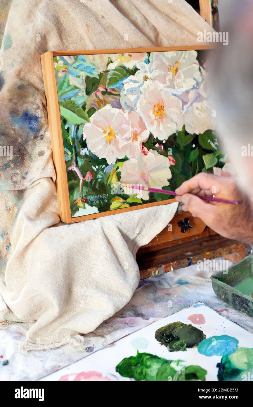 Ein Maler bei der Arbeit in seinem Atelier. Irland. Stockfoto