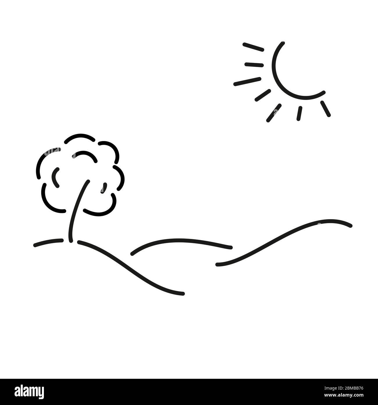 Einfache kinderartige Illustration einer sonnigen Wiese, eines Baumes und einer hügeligen Landschaft, handgezeichneter Vektor Stock Vektor Einfache kinderartige Illustration einer sonnigen Wiese, eines Baumes und einer hügeligen Landschaft, handgezeichneter Vektor Stock Vektor