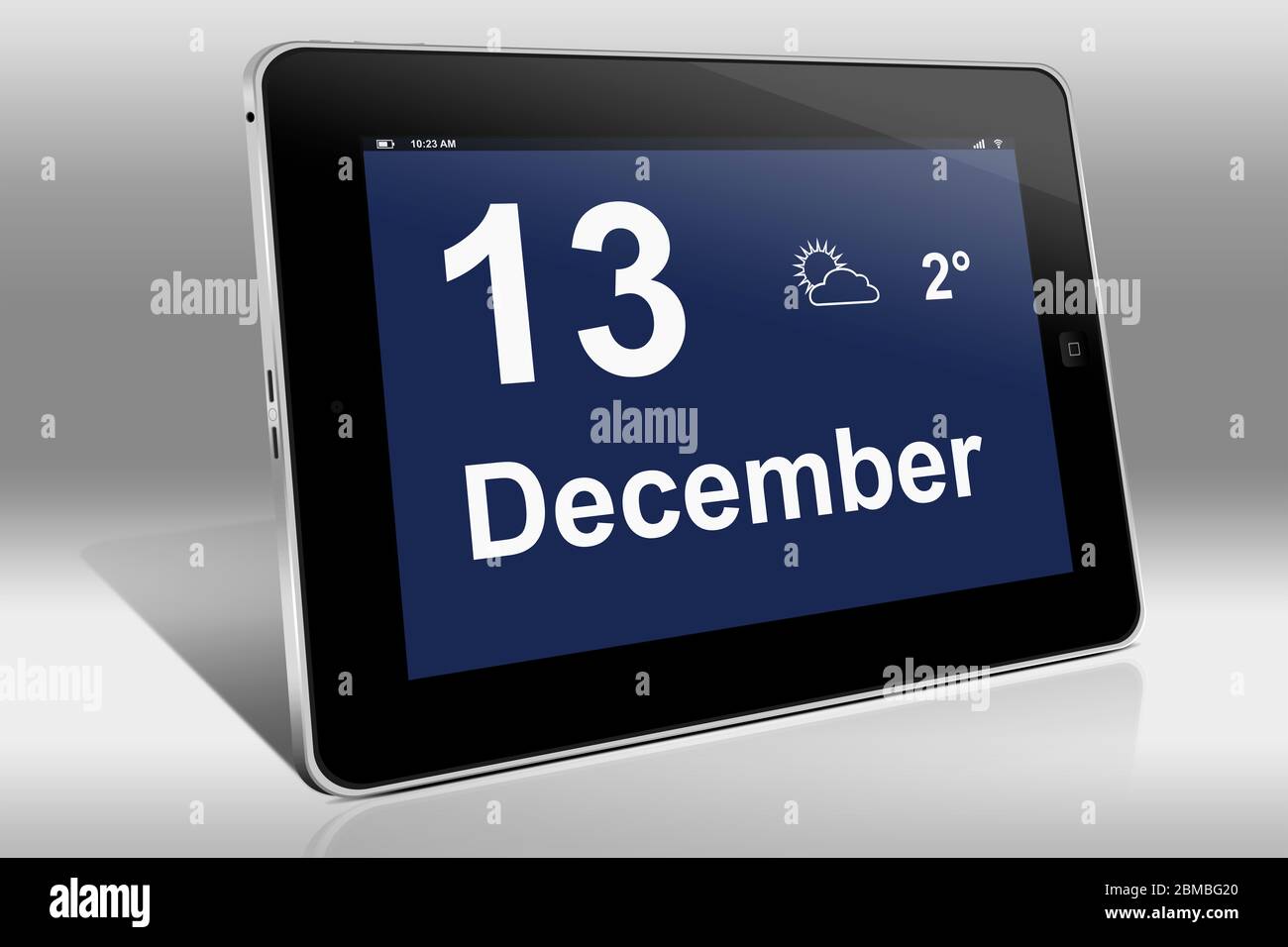 Ein Tablet-Computer zeigt einen Kalender in englischer Sprache mit dem Datum 13. Dezember an. Ein Tablet-Computer zeigt in englischer Sprache den 13. Dezemb Stockfoto