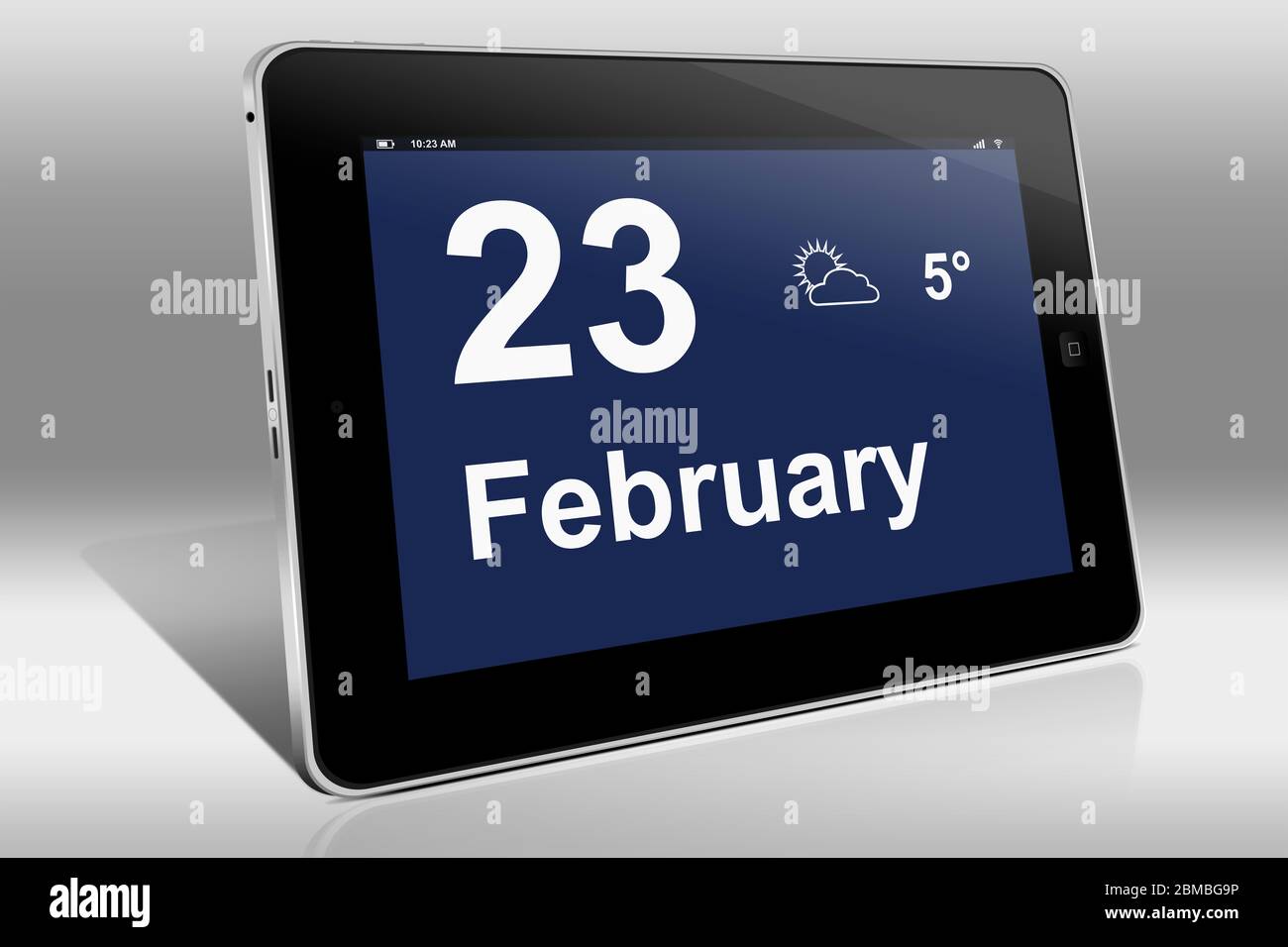 Ein Tablet-Computer zeigt einen Kalender in englischer Sprache mit dem Datum 23. Februar an.ein Tablet-Computer zeigt in englischer Sprache den 23. Februar Stockfoto