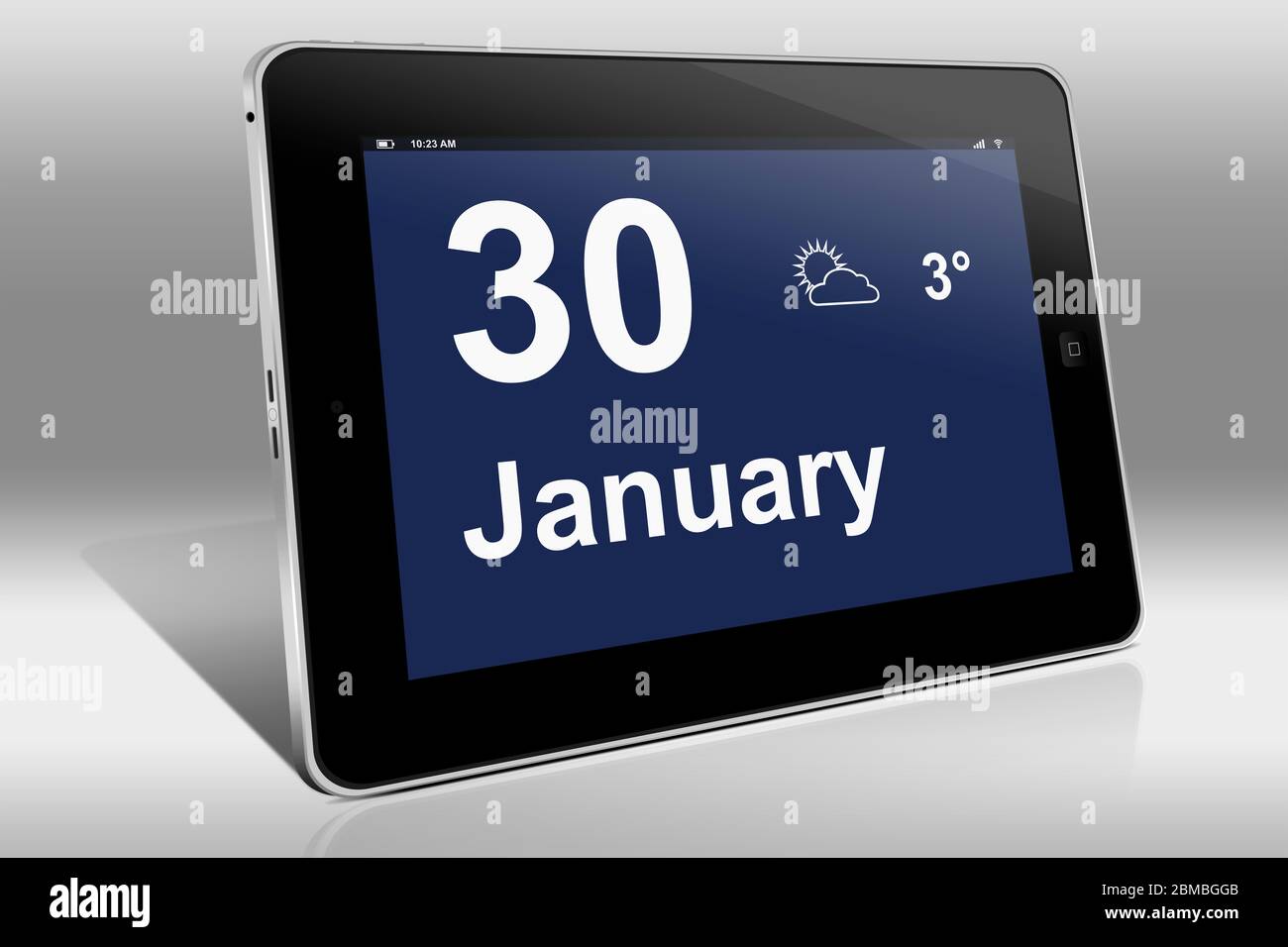 Ein Tablet-Computer zeigt einen Kalender in englischer Sprache mit dem Datum 30. Januar an. Ein Tablet-Computer zeigt in englischer Sprache den 30. Januar Stockfoto