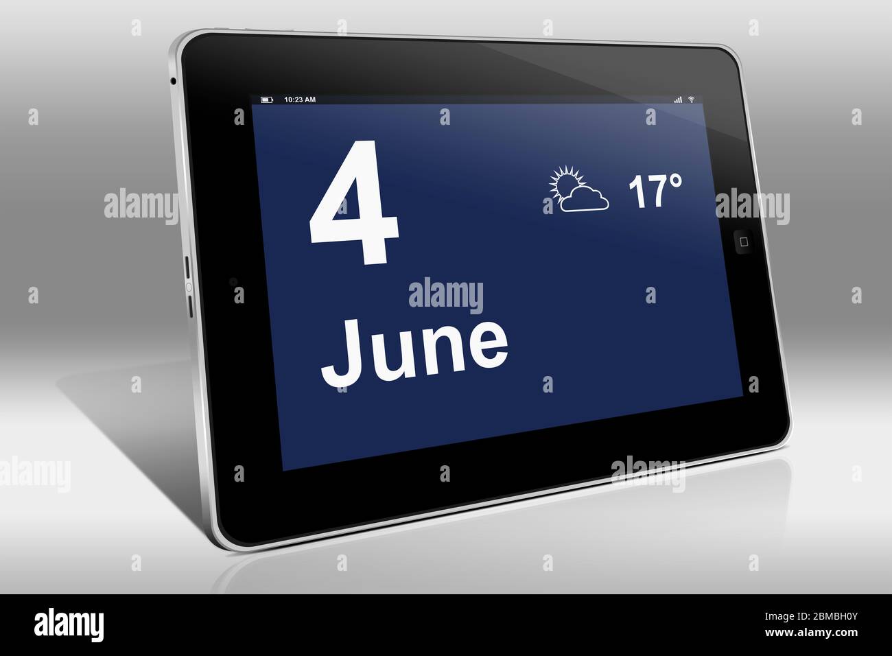 Ein Tablet-Computer zeigt einen Kalender in englischer Sprache mit dem Datum 4. Juni an. Ein Tablet-Computer zeigt in englischer Sprache den 4. Juni Stockfoto