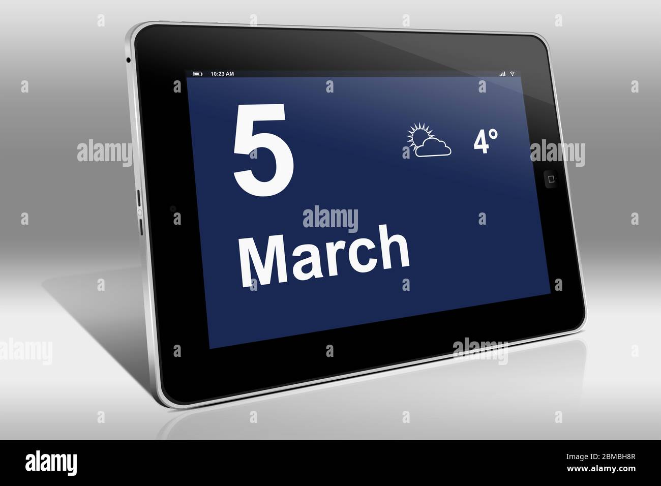 Ein Tablet-Computer zeigt einen Kalender in englischer Sprache mit dem Datum 5. März an. Ein Tablet-Computer zeigt in englischer Sprache den 5. März Stockfoto