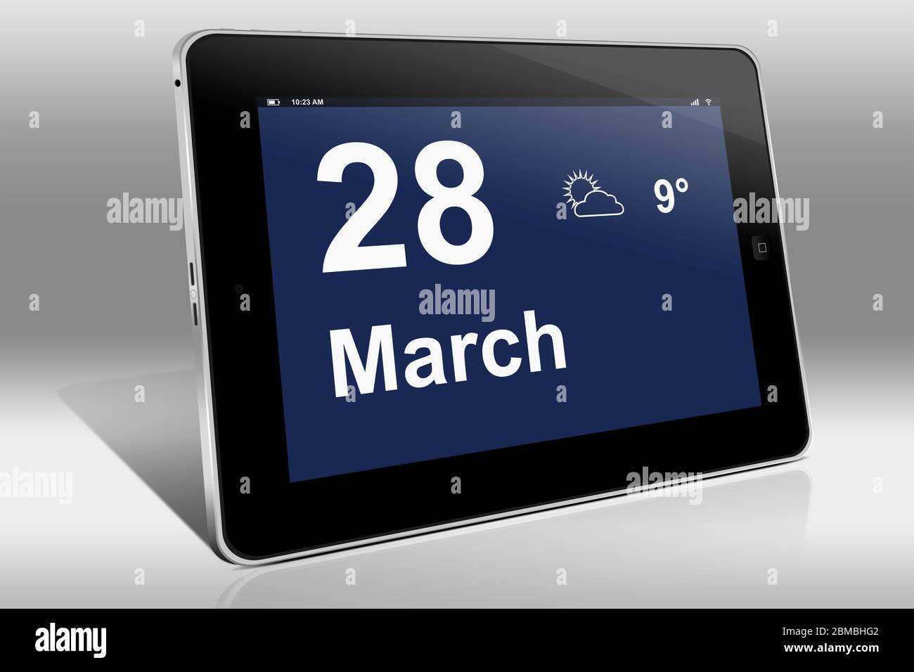 Ein Tablet-Computer zeigt einen Kalender in englischer Sprache mit dem Datum 28. März an. Ein Tablet-Computer zeigt in englischer Sprache den 28. März Stockfoto
