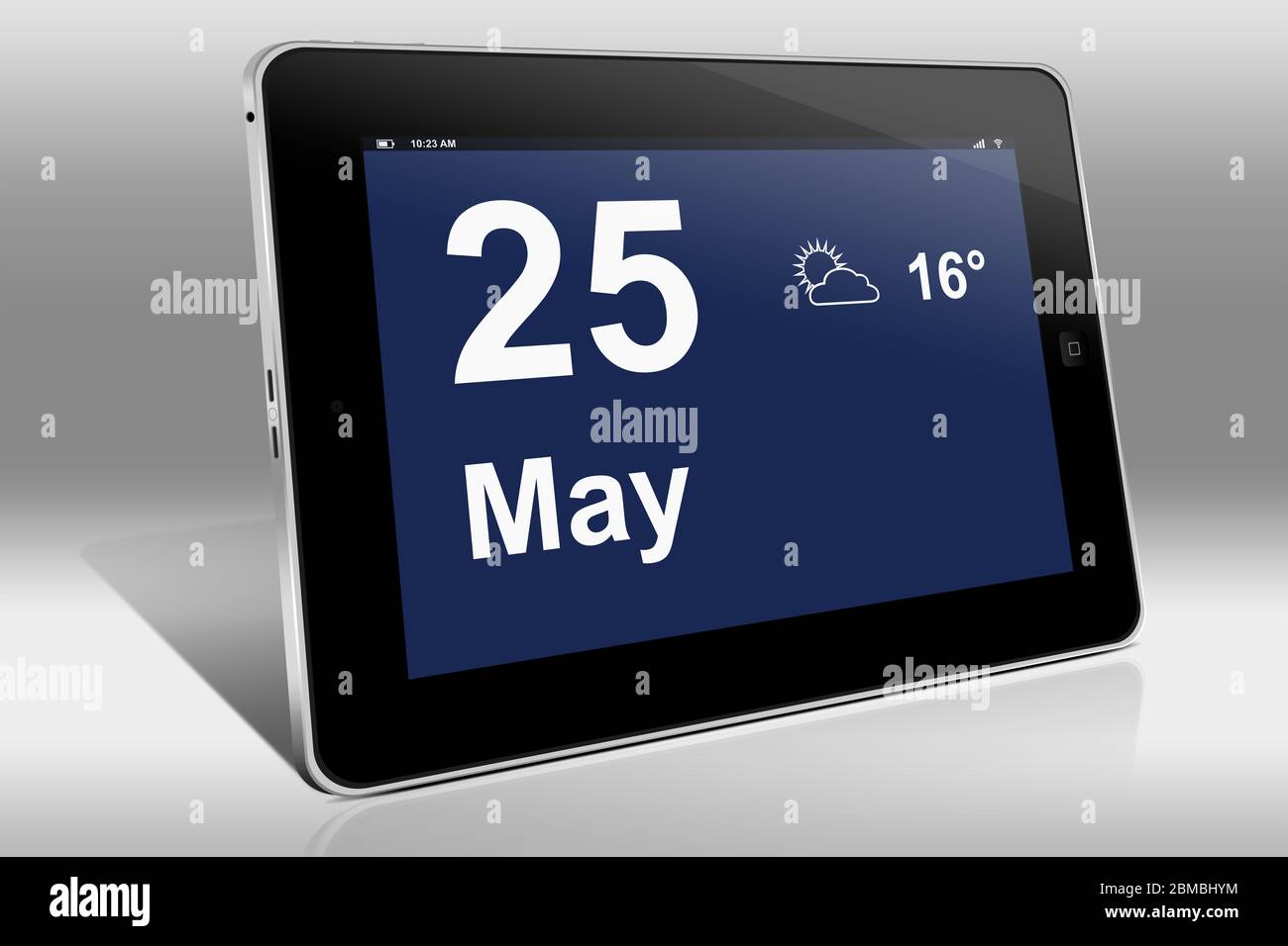 Ein Tablet-Computer zeigt einen Kalender in englischer Sprache mit dem Datum 25. Mai an. Ein Tablet-Computer zeigt in englischer Sprache den 25. Mai Stockfoto