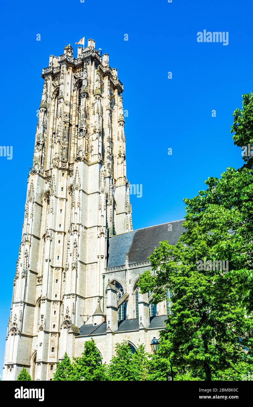 Mechelen, Belgien: Der Turm der Kathedrale von Saint Rumbold ist noch nicht grün. Stockfoto