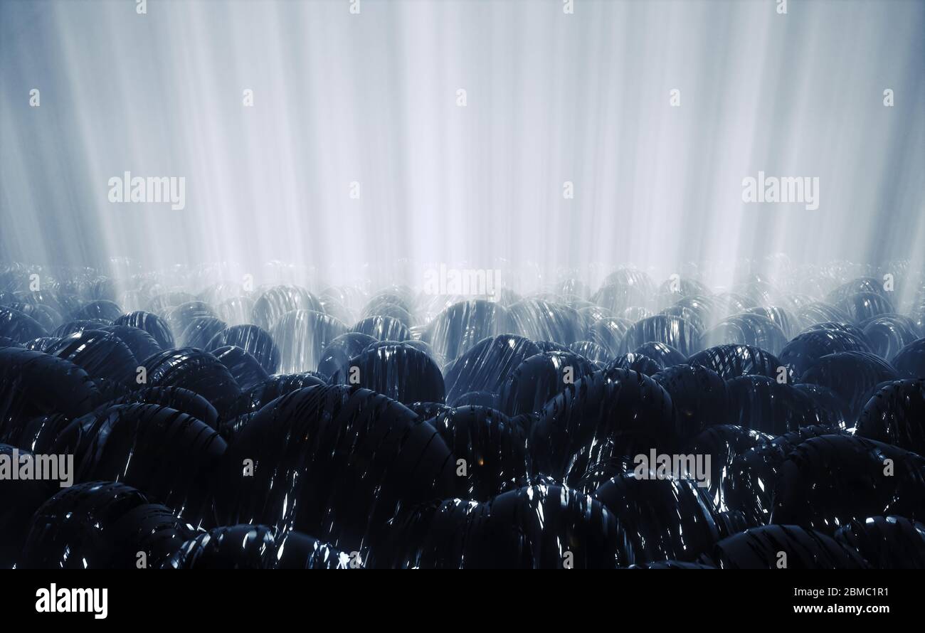 3d Render von Sci Fi Abstract Hintergrund mit Armee von futuristischen Sphären auf blauen außerirdischen Planeten mit Lichtstrahl Stockfoto