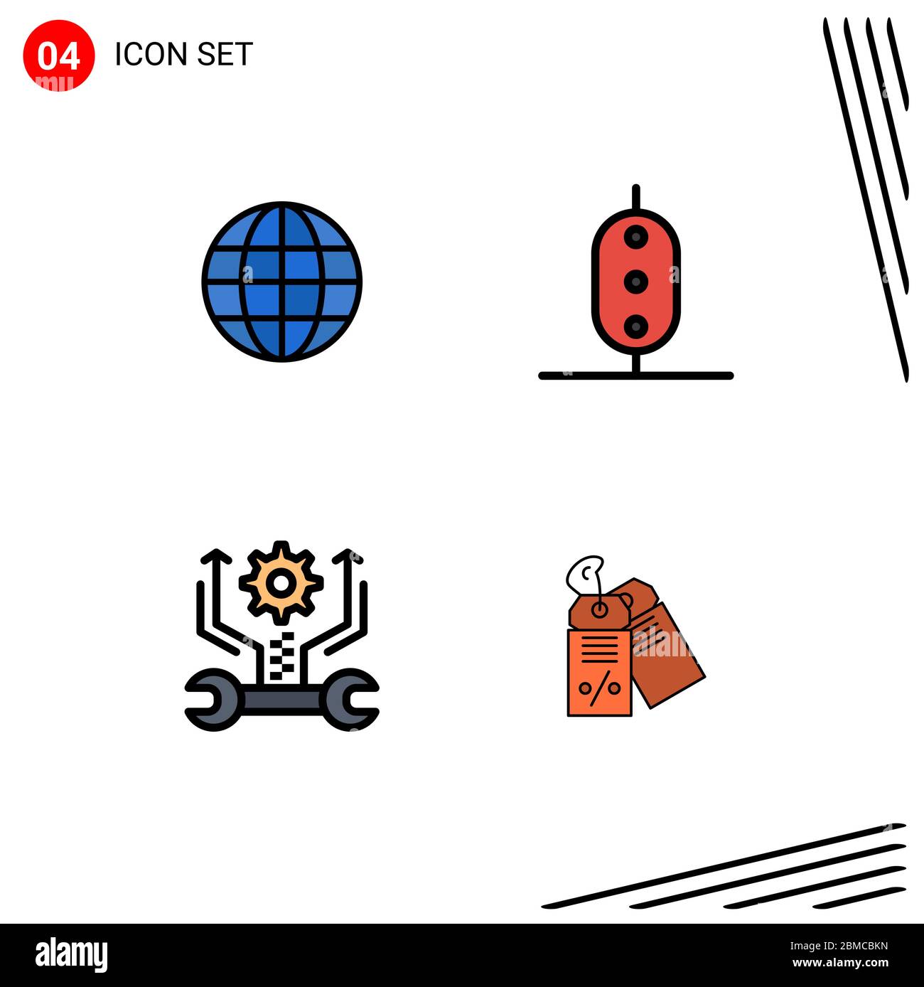 Piktogramm Set von 4 einfachen Filledline flache Farben der Welt, Getriebe, ineternet, Erbsen, Werkzeuge editierbare Vektor Design-Elemente Stock Vektor