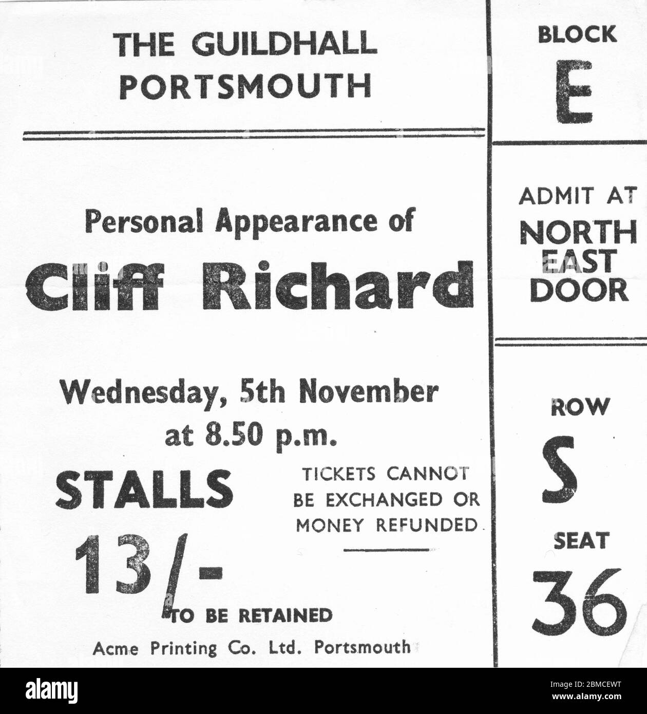 Eintrittskarte für das Guildhall Portsmouth, um ein Konzert von Cliff Richard am Mittwoch, den 5. November 1969 zu sehen Stockfoto
