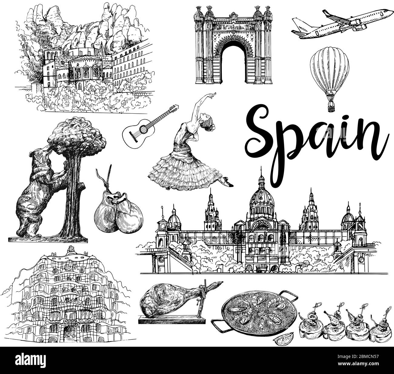Poster / Karte / Zusammensetzung von bunten handgezeichneten Skizze Stil Spanien verwandte Objekte isoliert auf weißem Hintergrund. Vektorgrafik. Stock Vektor