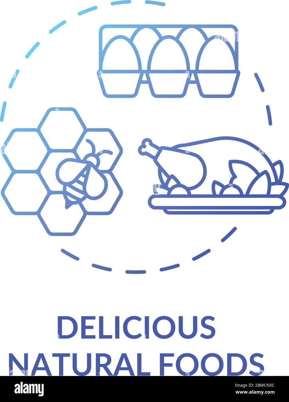 Köstliche natürliche Lebensmittel blau Konzept Symbol. Lokale landwirtschaftliche Produktion. Hühnerfleisch und Milchprodukte. Honig und Eier. Bio-Produkte Idee dünne Linie Illustration Stock Vektor