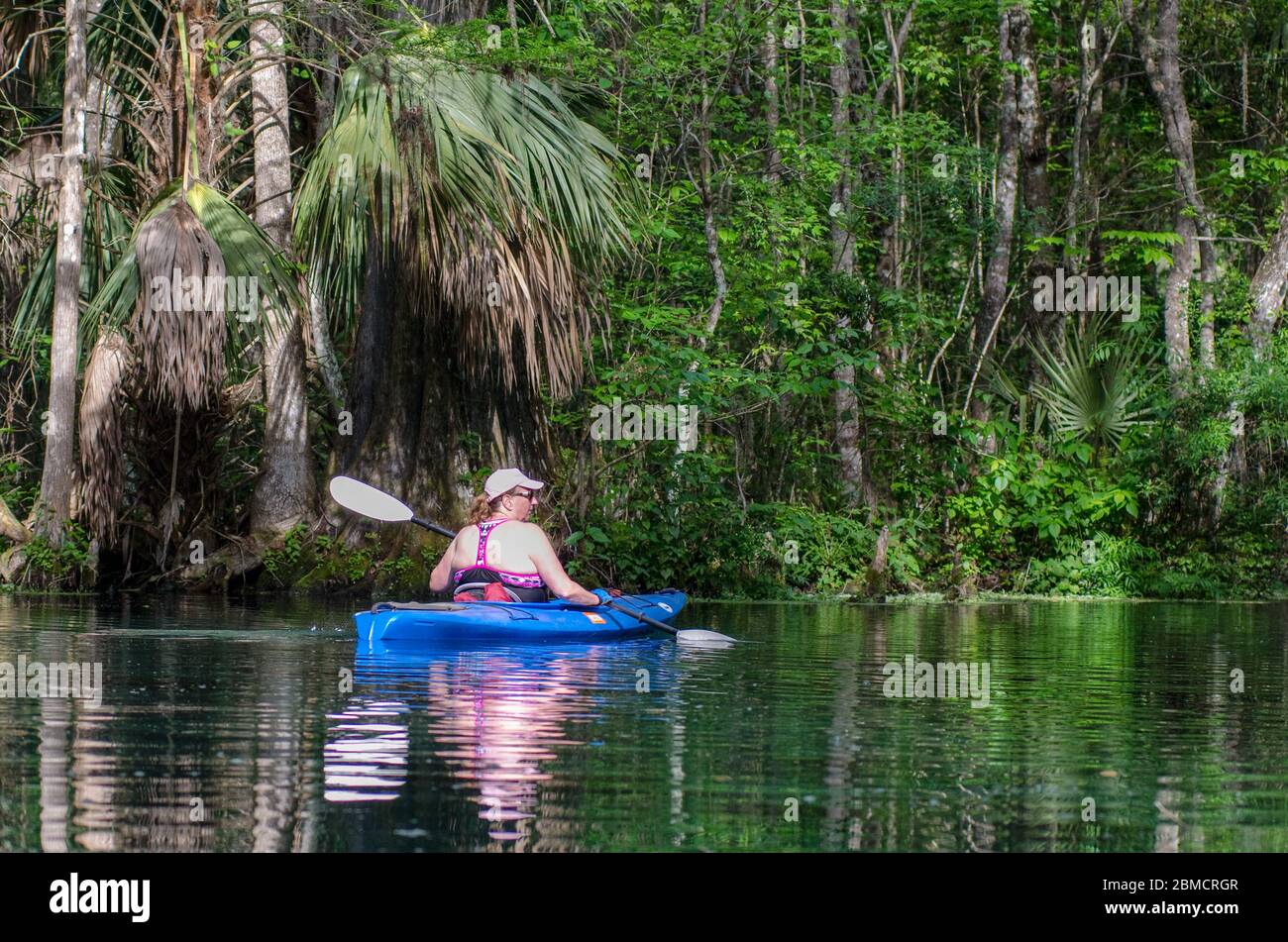 Eine aktive ältere Frau Kajaks auf dem Silver River in Silver Springs State Park, Florida Stockfoto