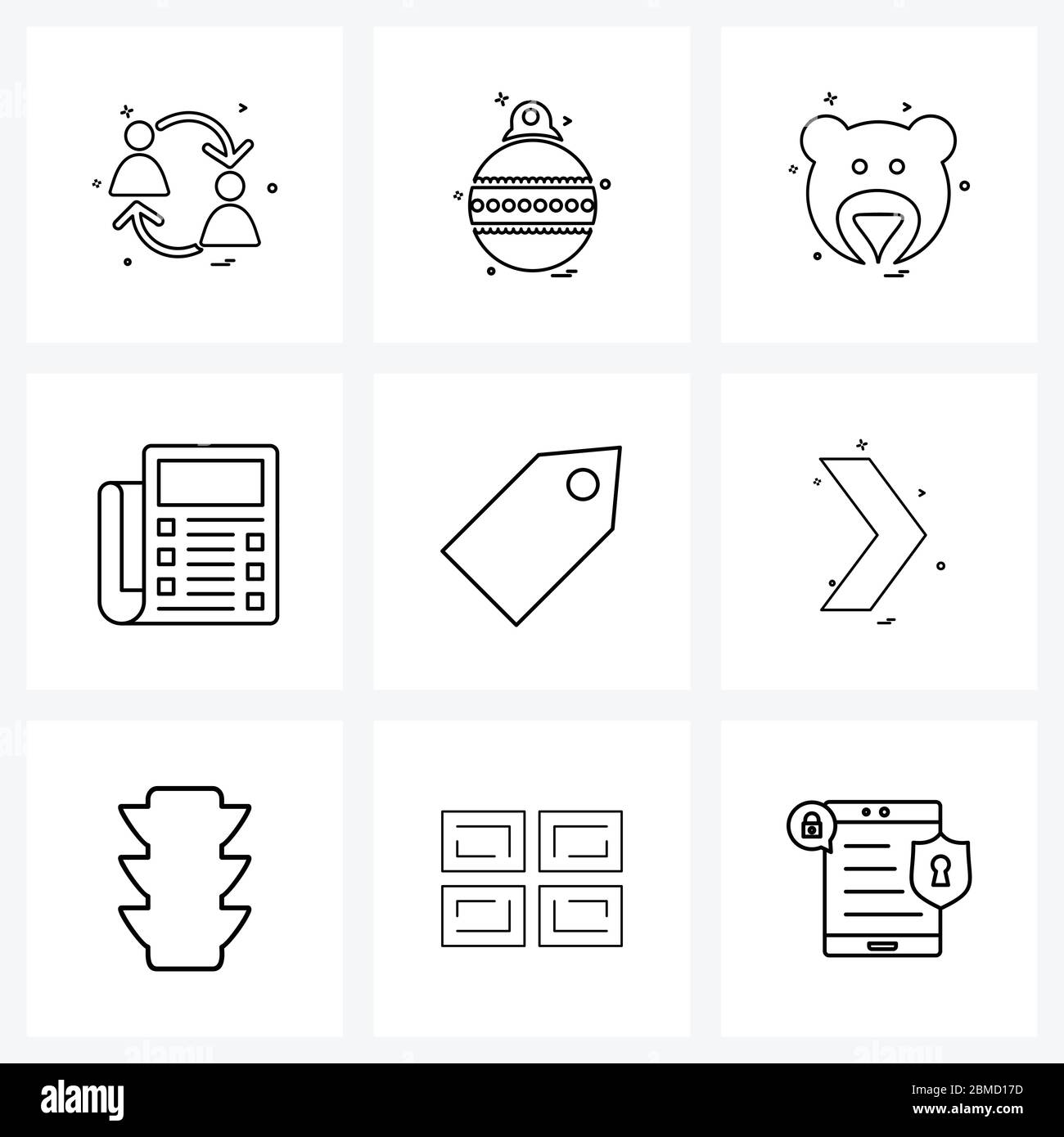 9 Interface Line Icon Set von modernen Symbolen auf Tag, Papier, Kugel, Nachrichten, Bär Vektor Illustration Stock Vektor