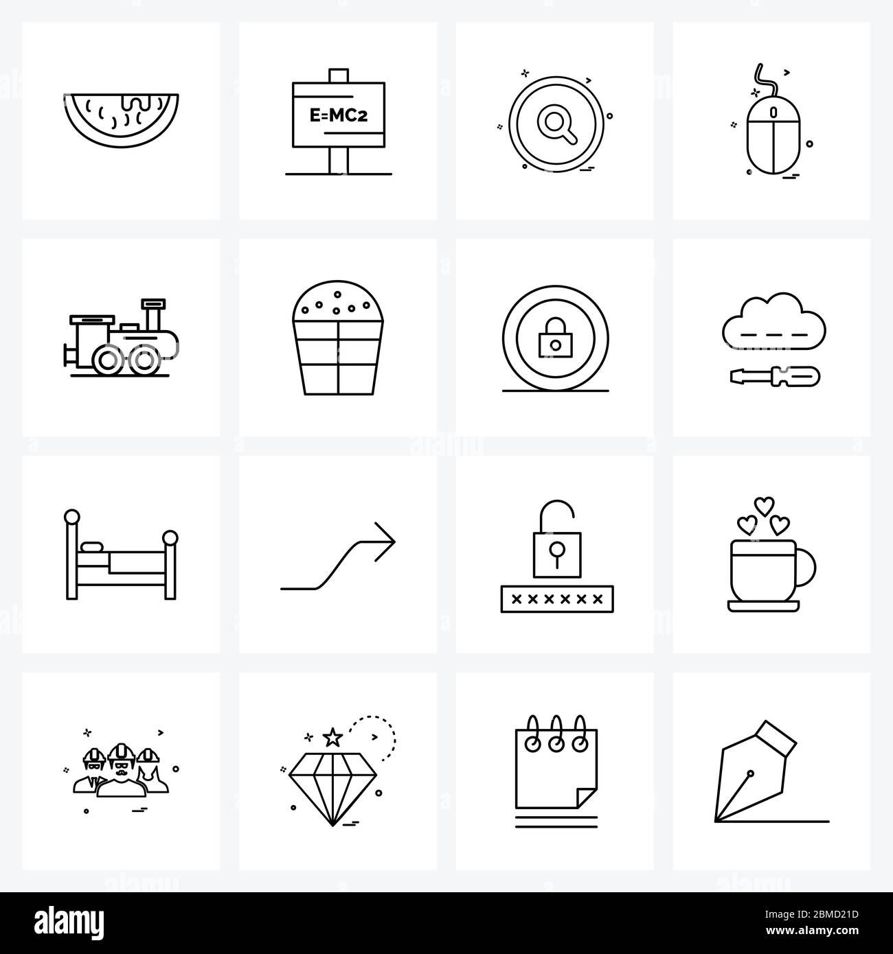 16 editierbare Vektorliniensymbole und moderne Symbole von Kuchen, Reisen, Benutzeroberfläche, Zug, Computer Vektor-Illustration Stock Vektor