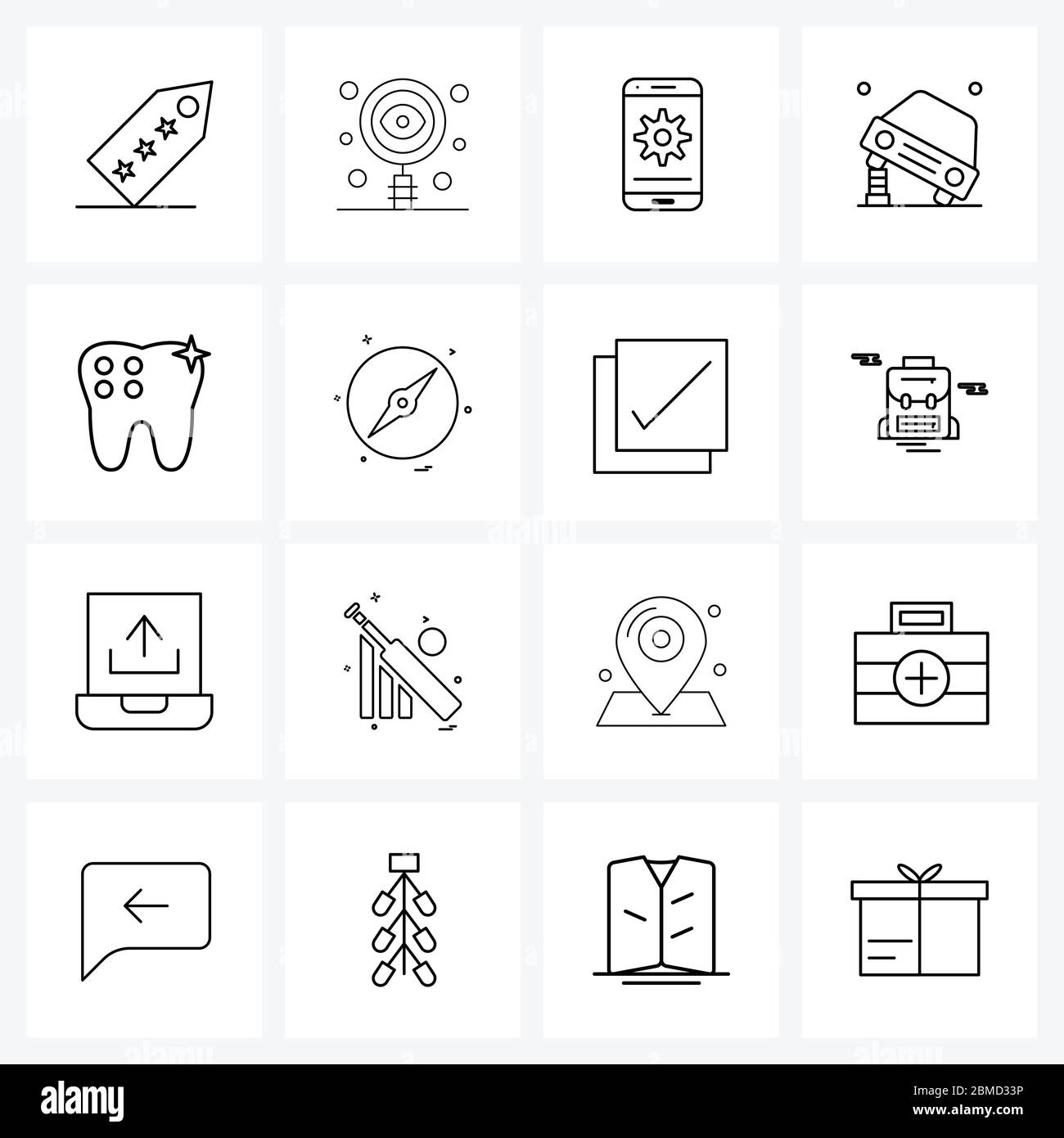 Set von 16 Simple Line Icons für Web und Print wie Gesundheit, Zahn, Zahnrad, Medizin, Wartung Vektor Illustration Stock Vektor