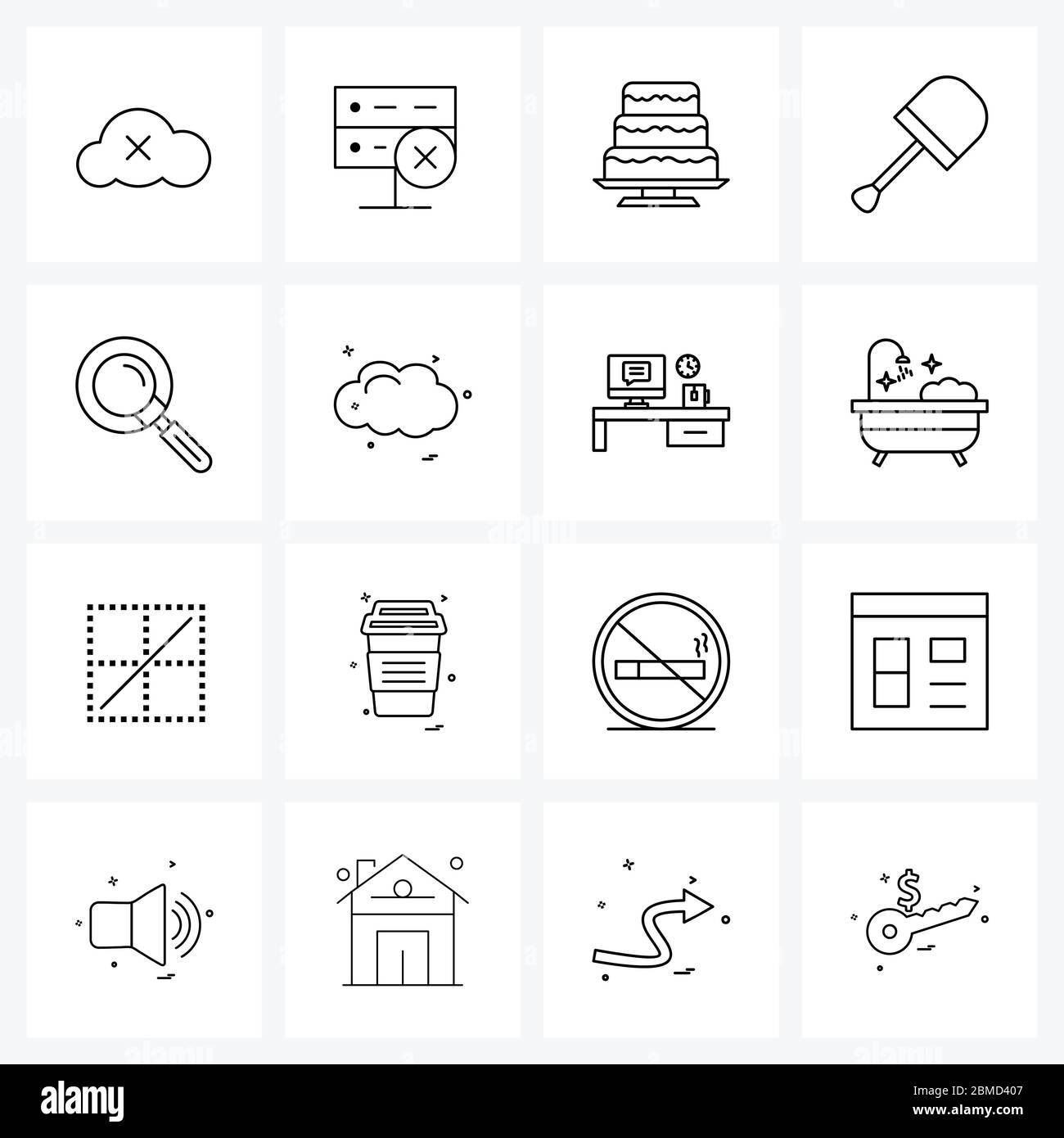 Set von 16 Simple Line Icons der Lupe, Werkzeug, Kuchen, Arbeit, Spaten Vektor Illustration Stock Vektor