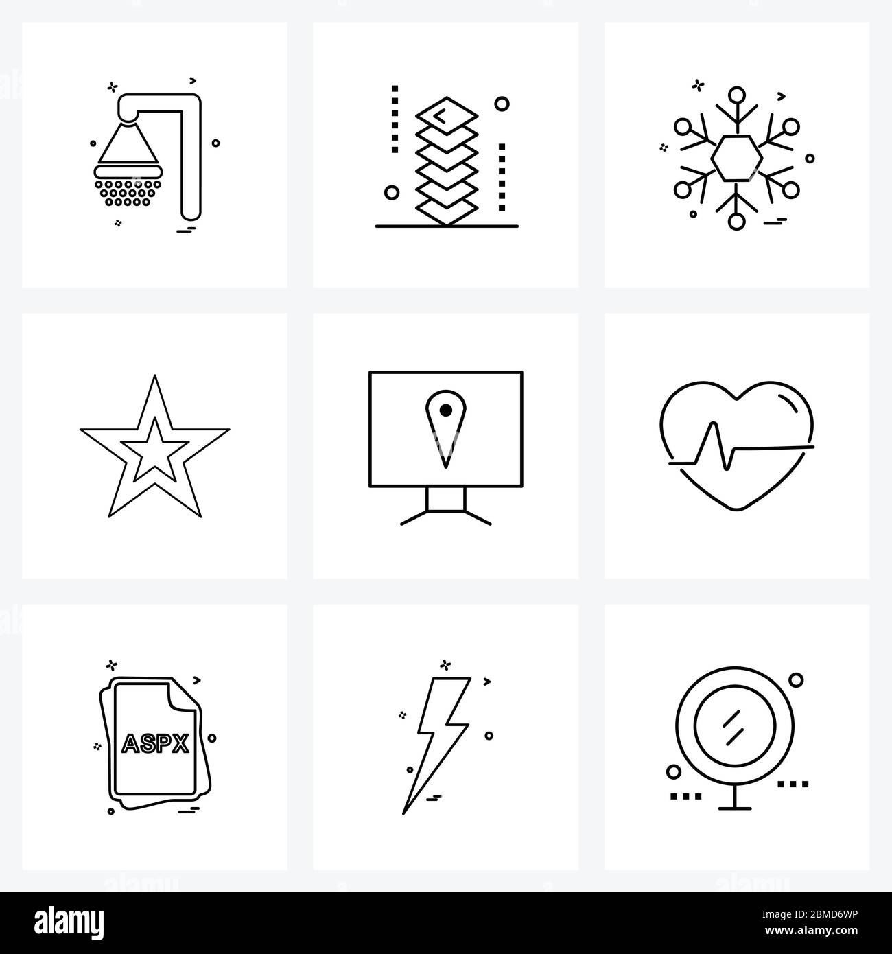 Mobile UI Line Icon Set von 9 modernen Piktogrammen von Stern, Element, Schneeflocken, Entwicklung, Vektor Illustration Stock Vektor